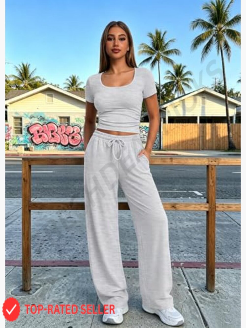2 Piece Square Neck Casual Suit Wide Leg Pants Side Ruching Crop Top Sweatsuit - Picture 2 of 6